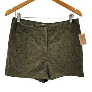 C'isa Eyelet Cutout Faux Suede High Waisted Shorts Olive Green Boho